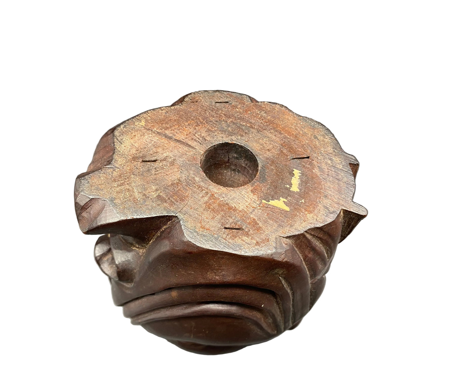 Bottom of a Chinese hardwood brush pot is beautifully carved with the figure of a sleeping Chinese man.