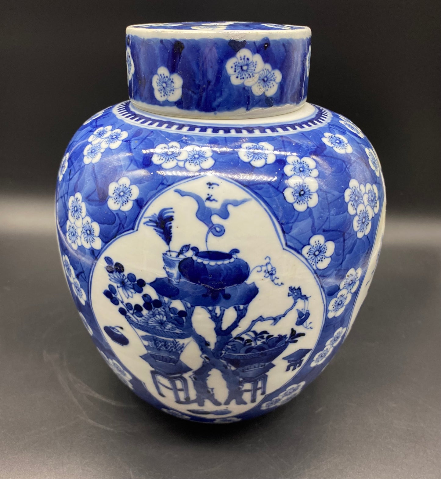 Chinese Antique Qing Prunus Decorated Ginger Jar & Lid LARGE