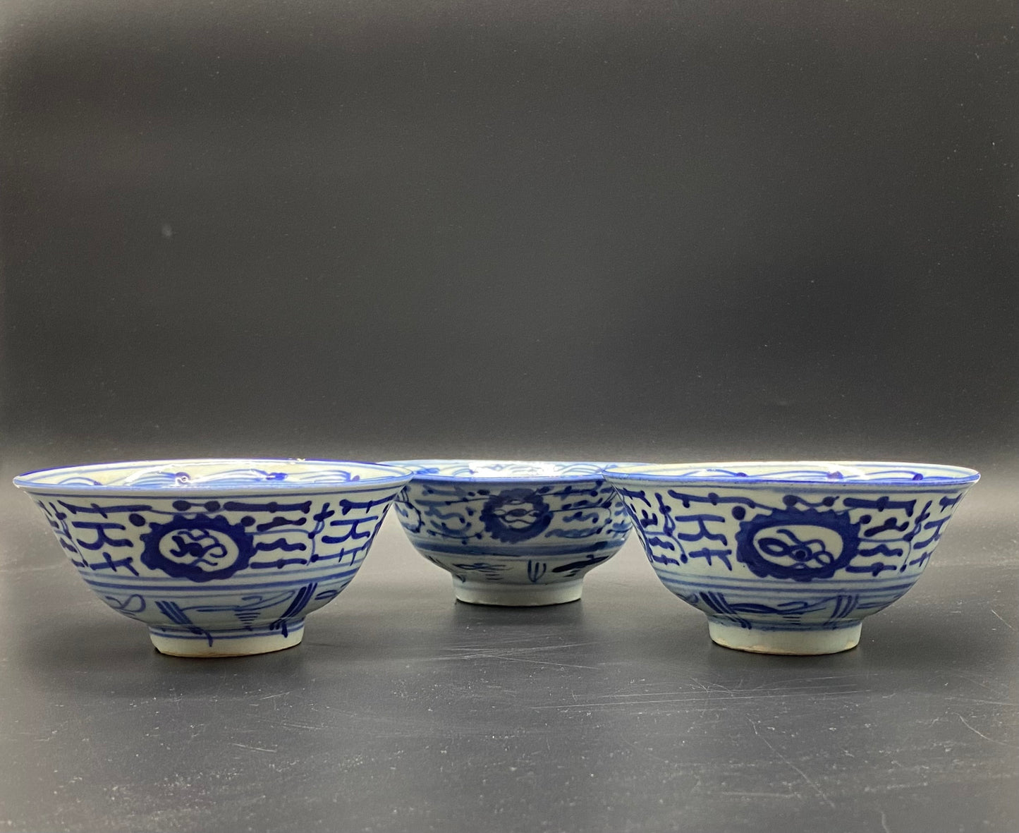 Three Chinese Provencal Blue & White Qing Porcelain Bowls 18th Century