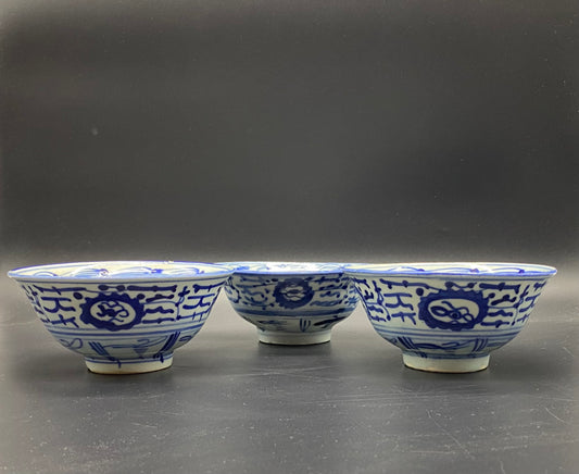 Three Chinese Provencal Blue & White Qing Porcelain Bowls 18th Century