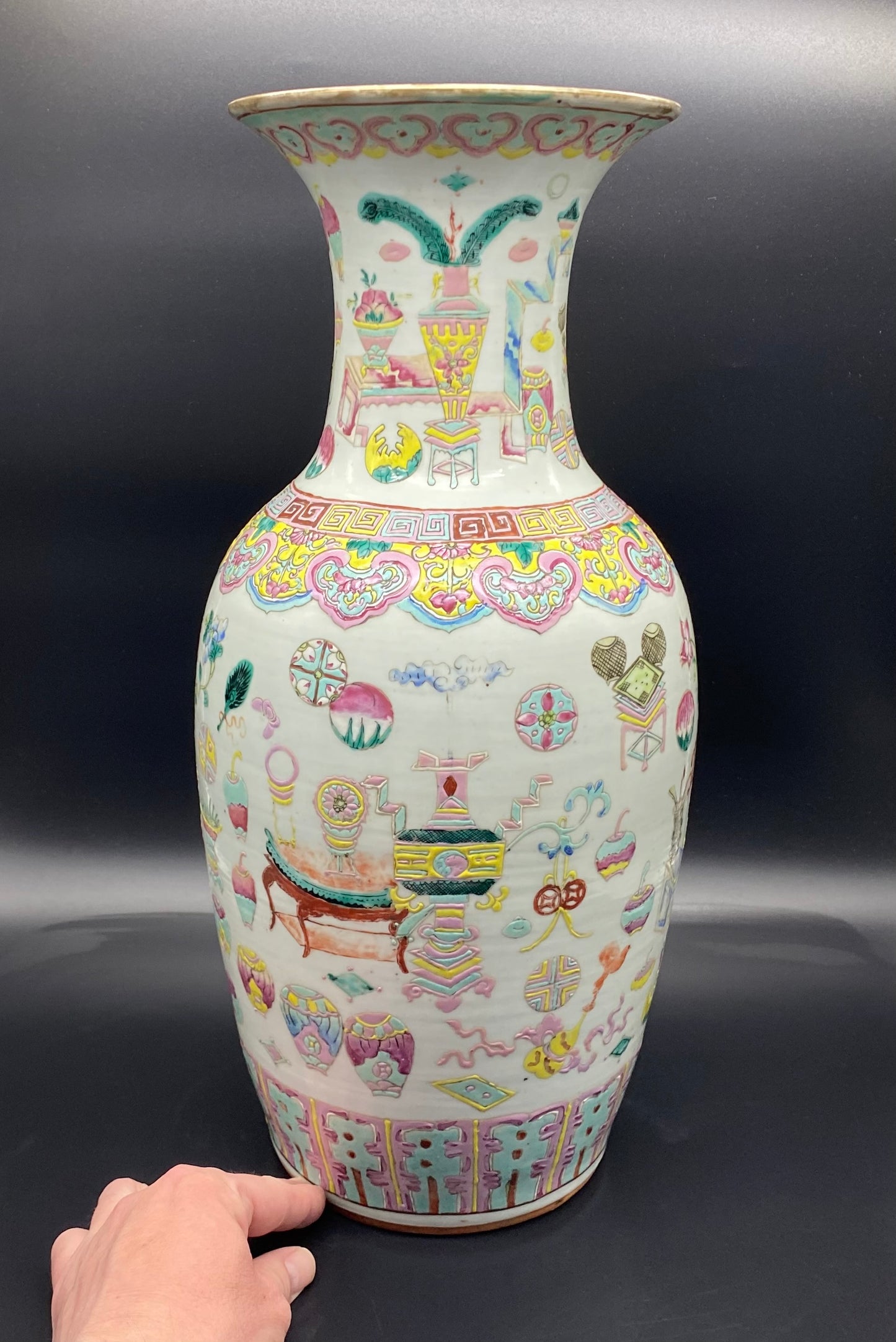 Large Chinese famille rose decorated vase very well painted with brightly Coloured Enamels, scholars object and flower ball decoration.