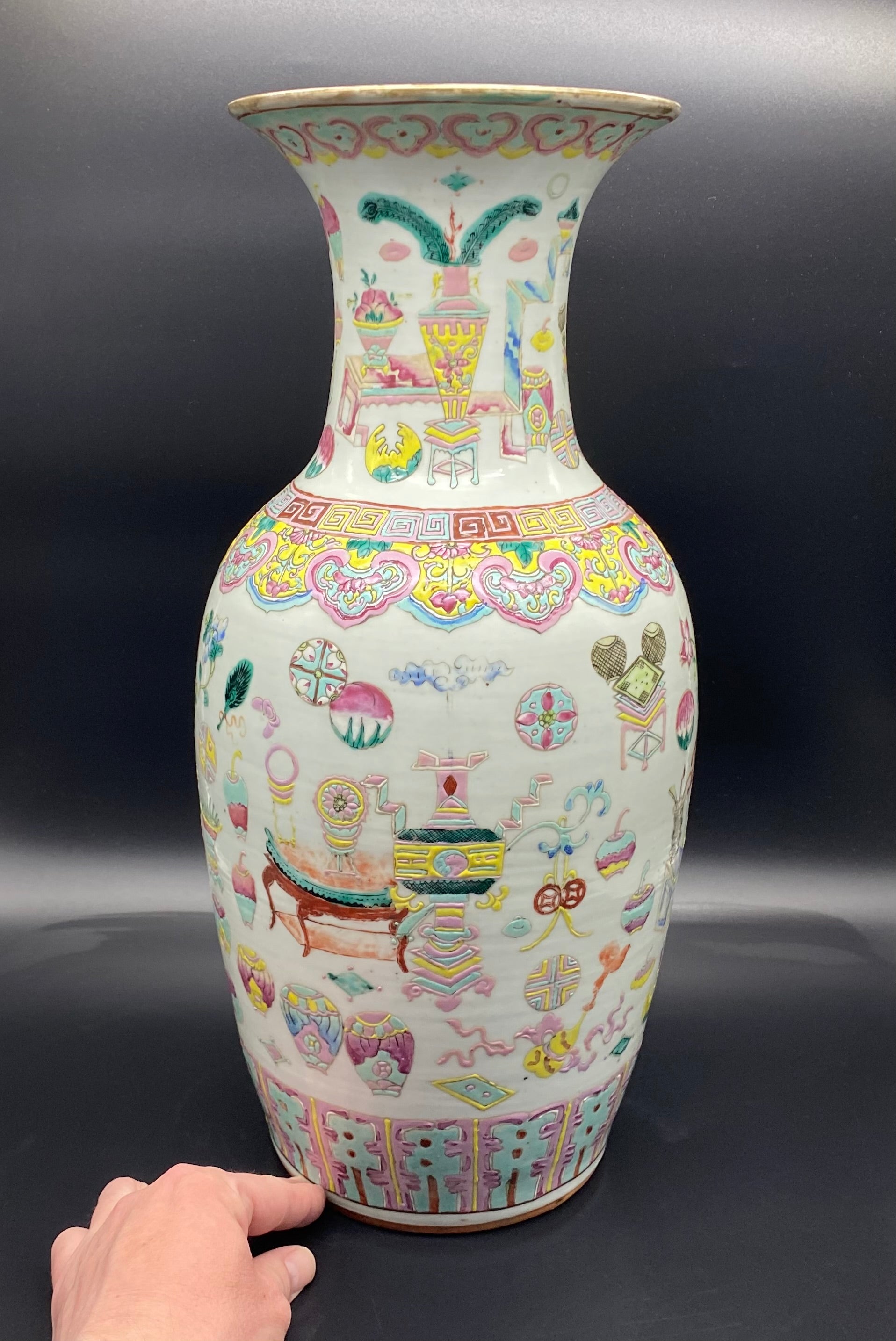 Large Chinese famille rose decorated vase very well painted with brightly Coloured Enamels, scholars object and flower ball decoration.