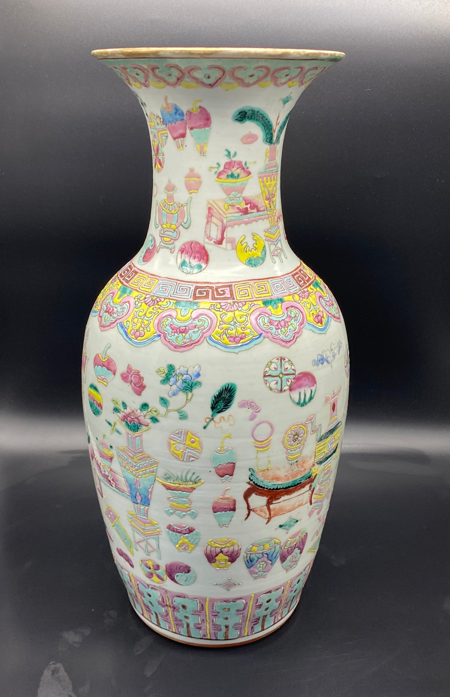 Bonhams Asian Art Sale - Large Chinese famille rose decorated vase very well painted with brightly Coloured Enamels, scholars object and flower ball decoration.