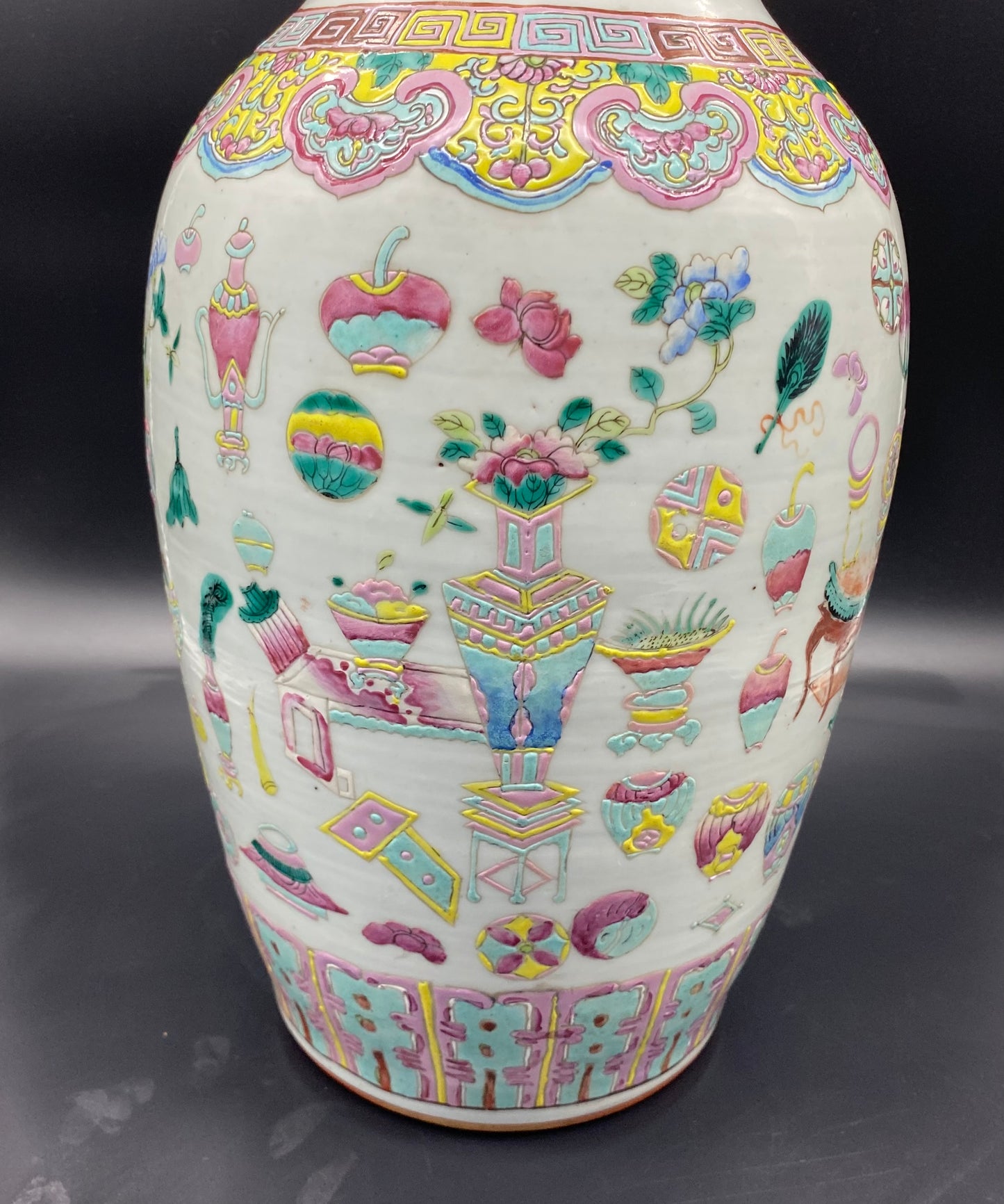 Buy Antiques Online - Large Chinese famille rose decorated vase very well painted with brightly Coloured Enamels, scholars object and flower ball decoration.