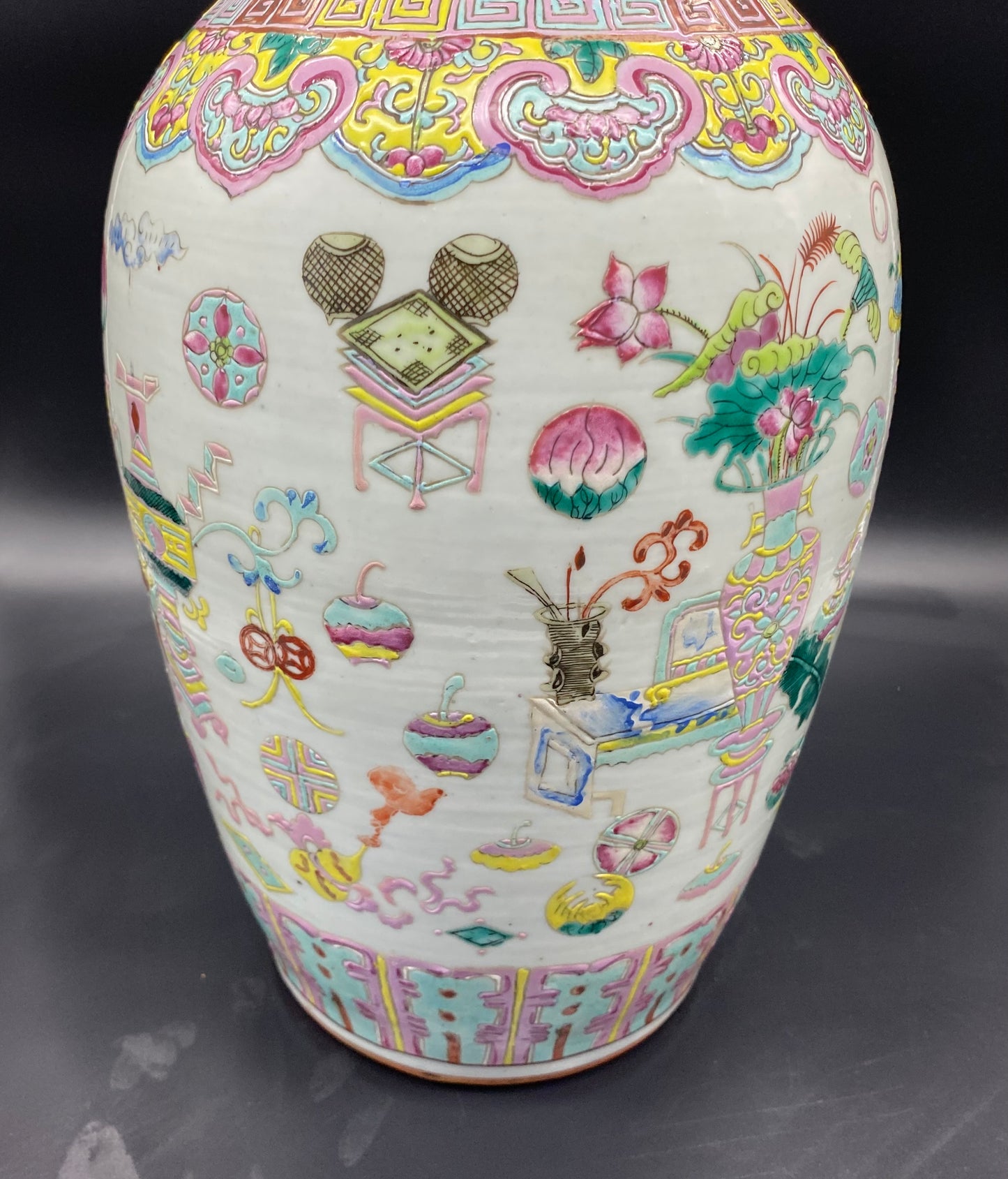 Large Chinese famille rose decorated vase very well painted with brightly Coloured Enamels, scholars object and flower ball decoration. KB Antiques & Watches Online