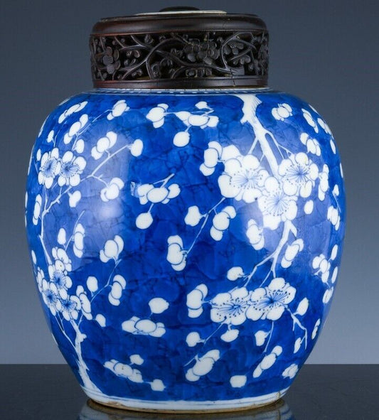 CHINESE BLUE & WHITE PRUNUS BLOSSOM PORCELAIN JAR KANGXI PERIOD
