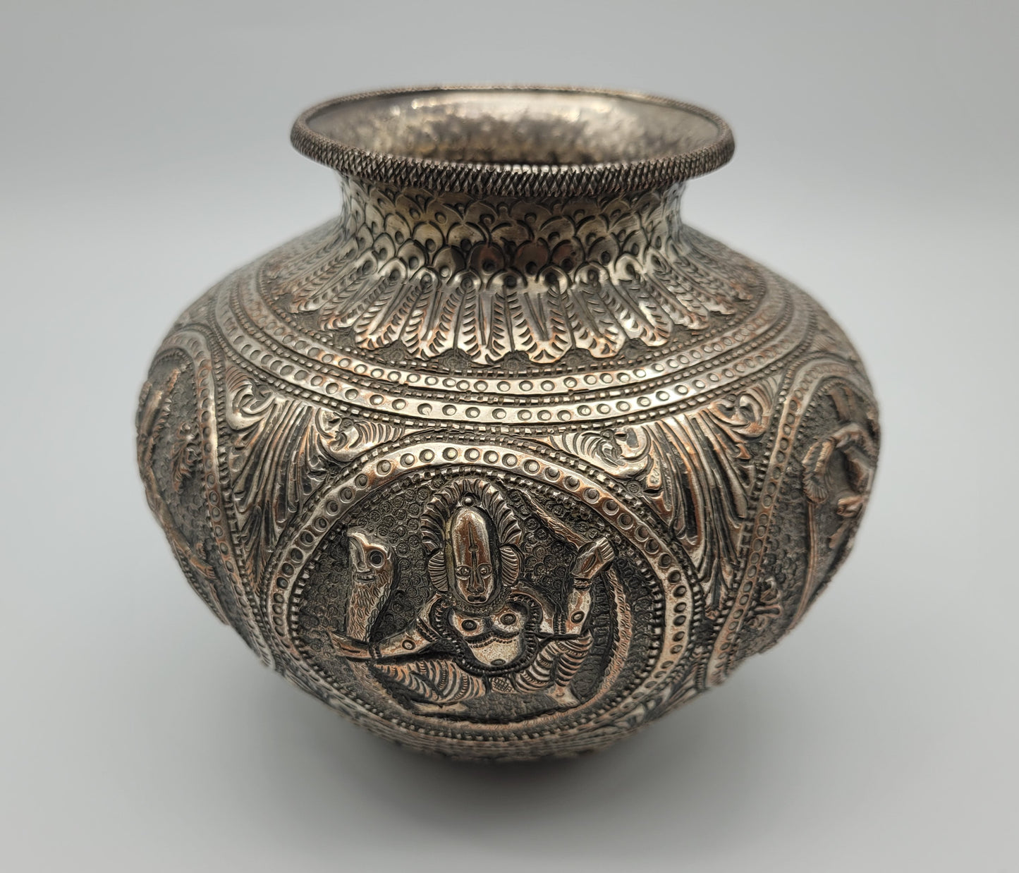 Antique Asian / Oriental White Metal Jar / Vase 19th Century Hand Decorated