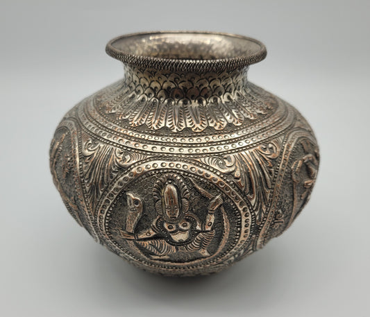 Antique Asian / Oriental White Metal Jar / Vase 19th Century Hand Decorated