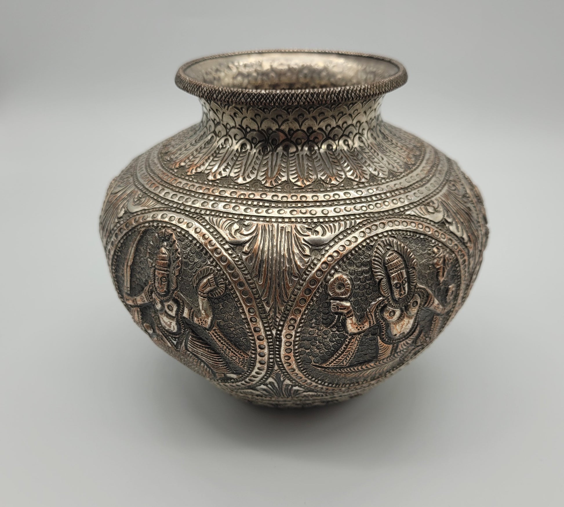 Oriental White Metal Jar / Vase 19th Century Hand Decorated