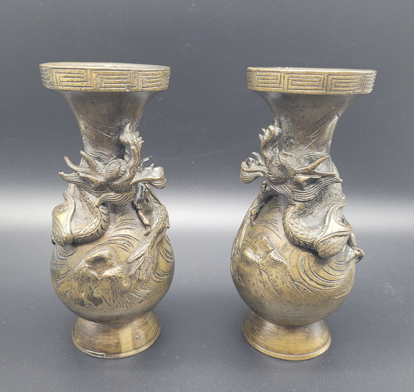 Antique Chinese Bronze Dragon Vases Pair 19th Century 