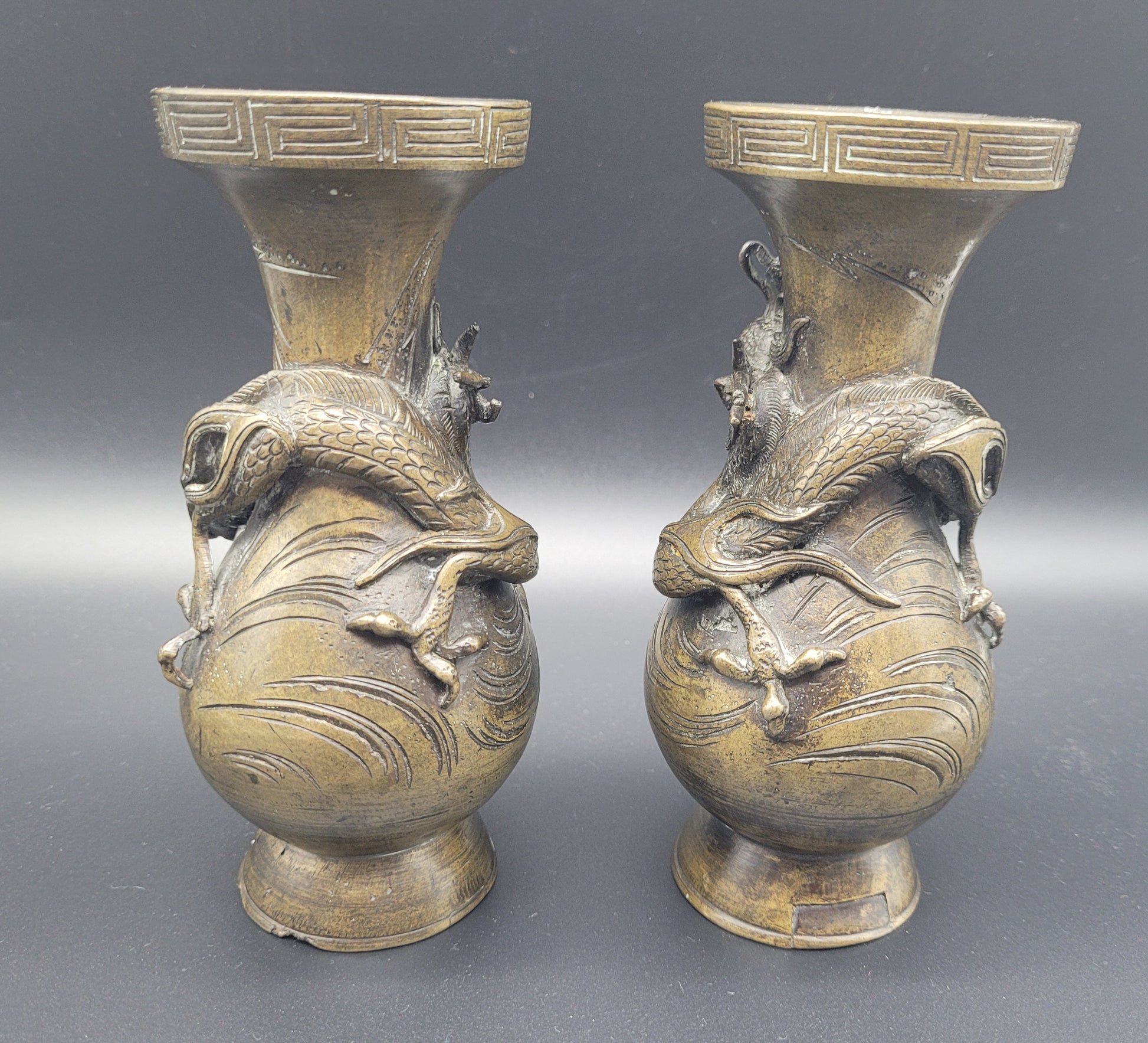 Antique Chinese Bronze Dragon Vases 