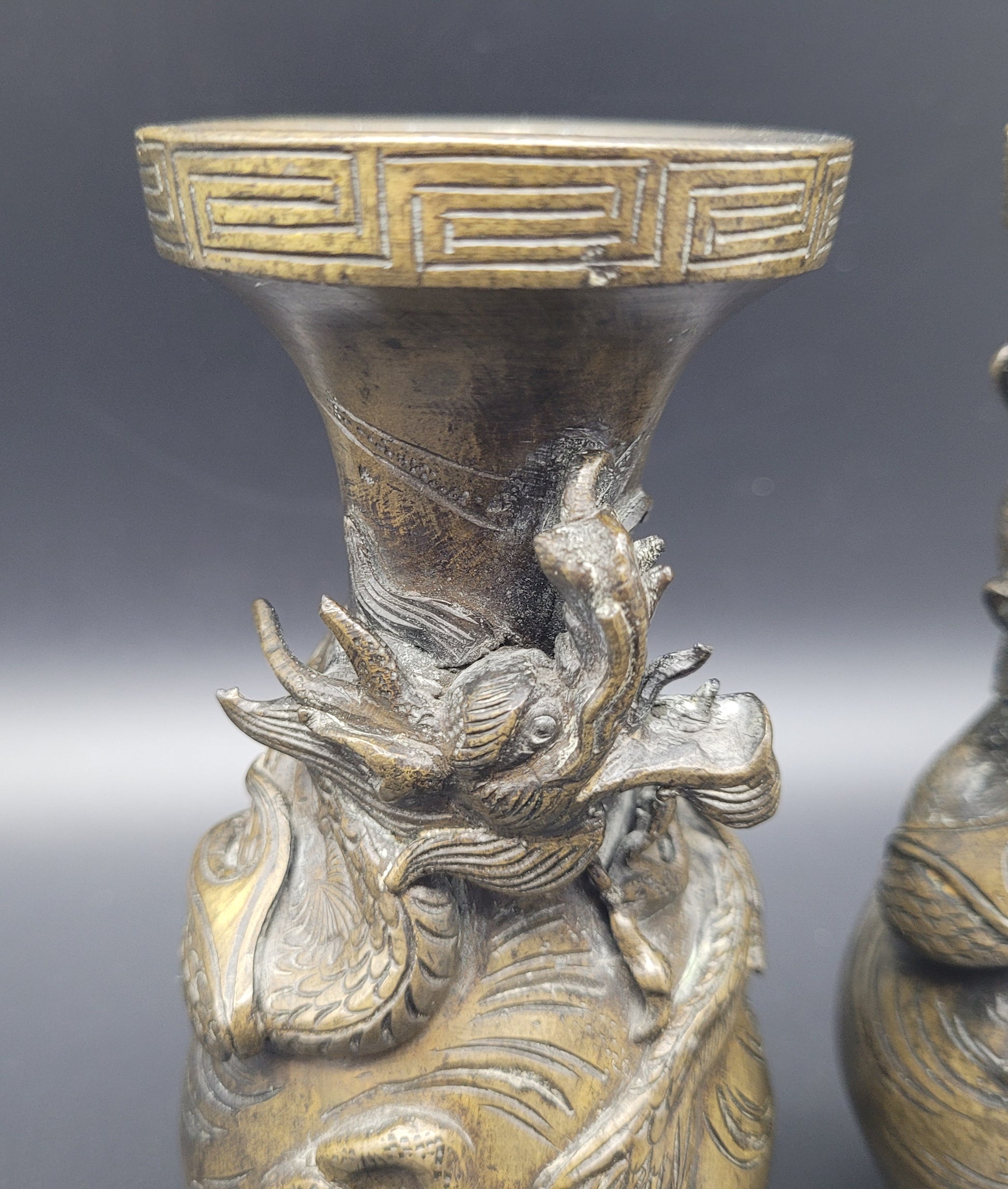 Antique Chinese Qing Bronze Dragon Vases Pair 