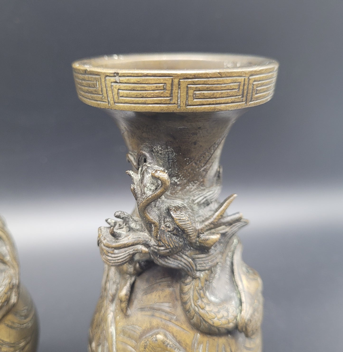 Antique Chinese Bronze Dragon Vases Pair 19th Century