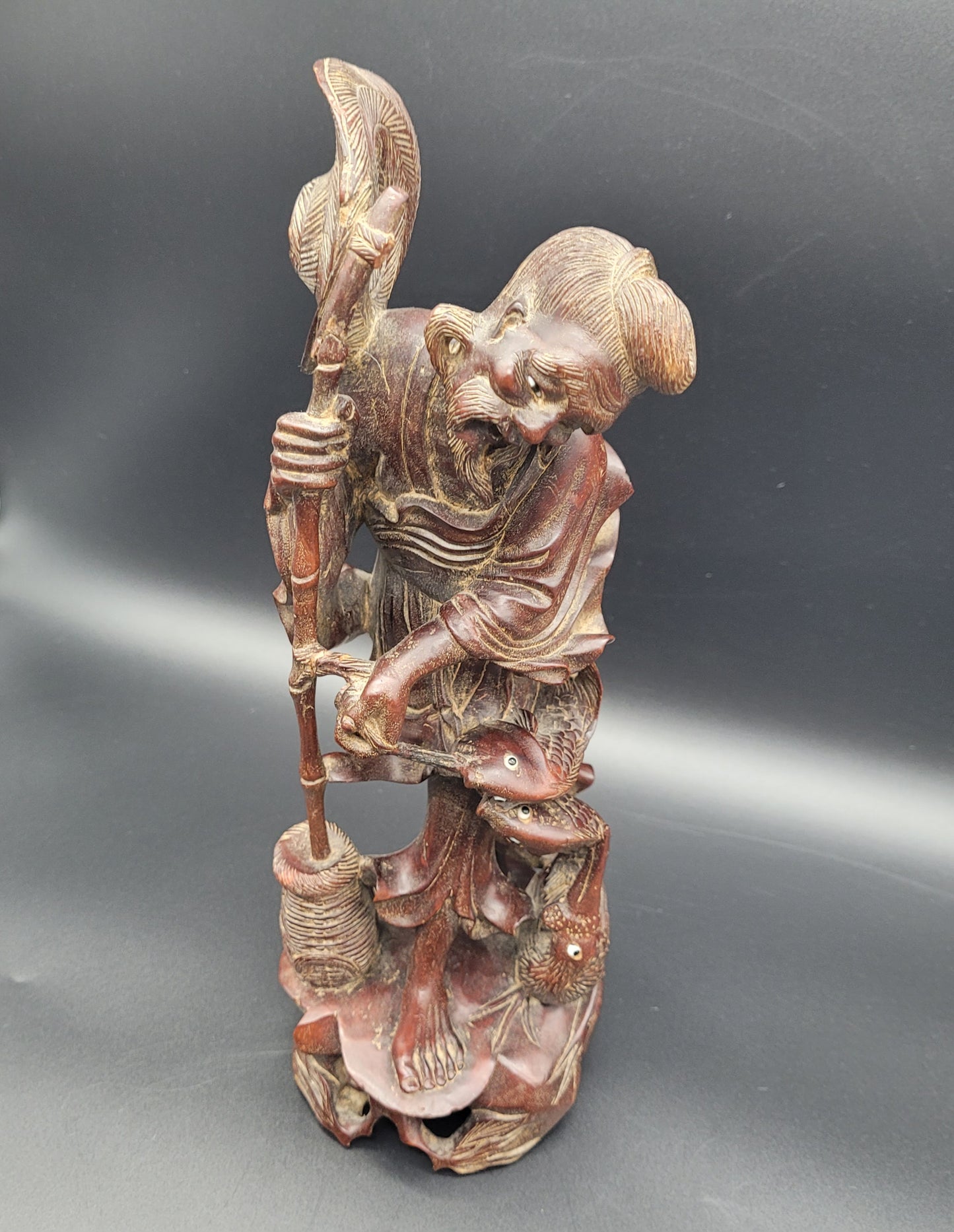 Antique Chinese 19th Century Wood Carving Fisherman Figure