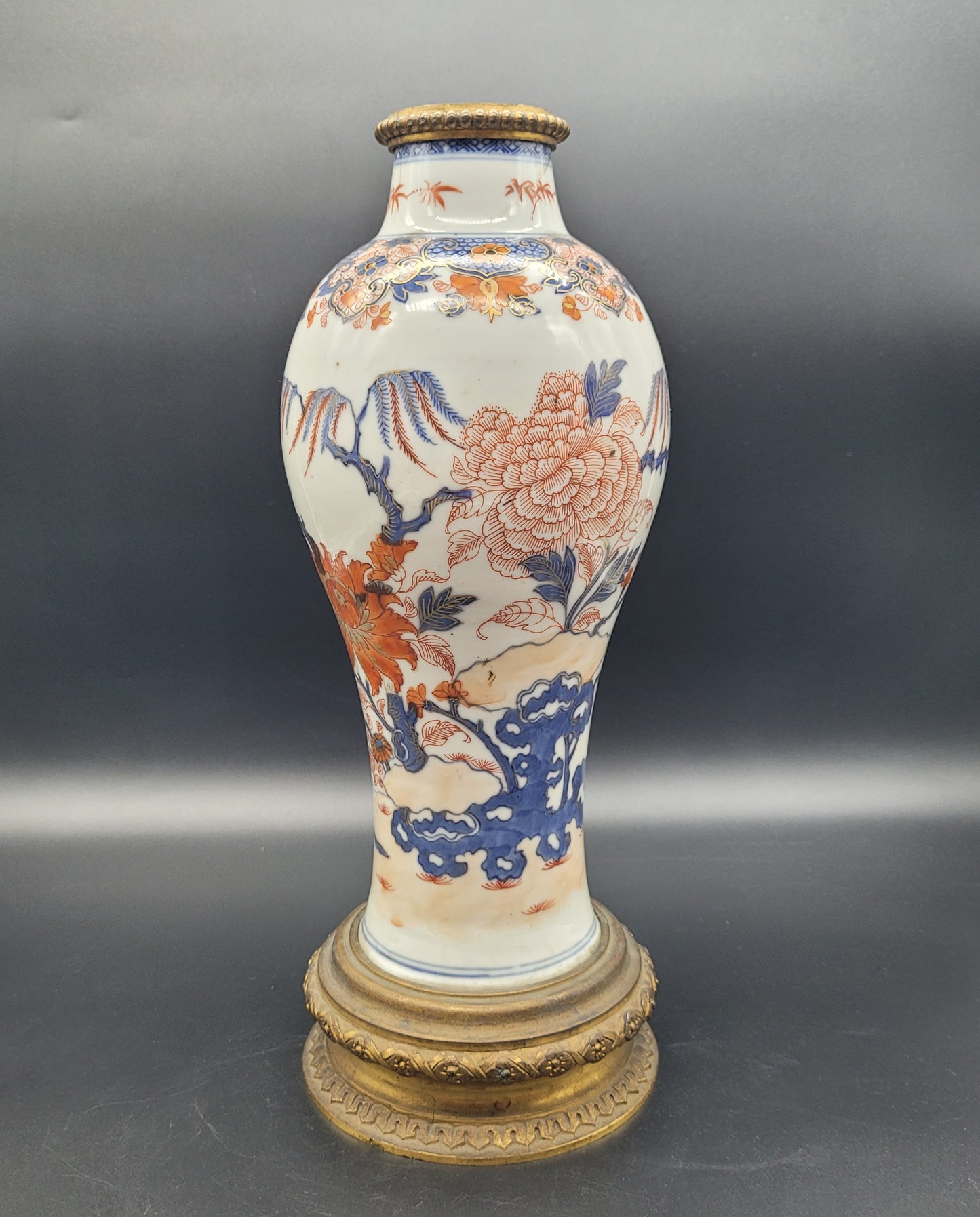 Antique Kangxi Period Chinese Imari Porcelain Vase, With 19th Century Gilt Bronze Mount