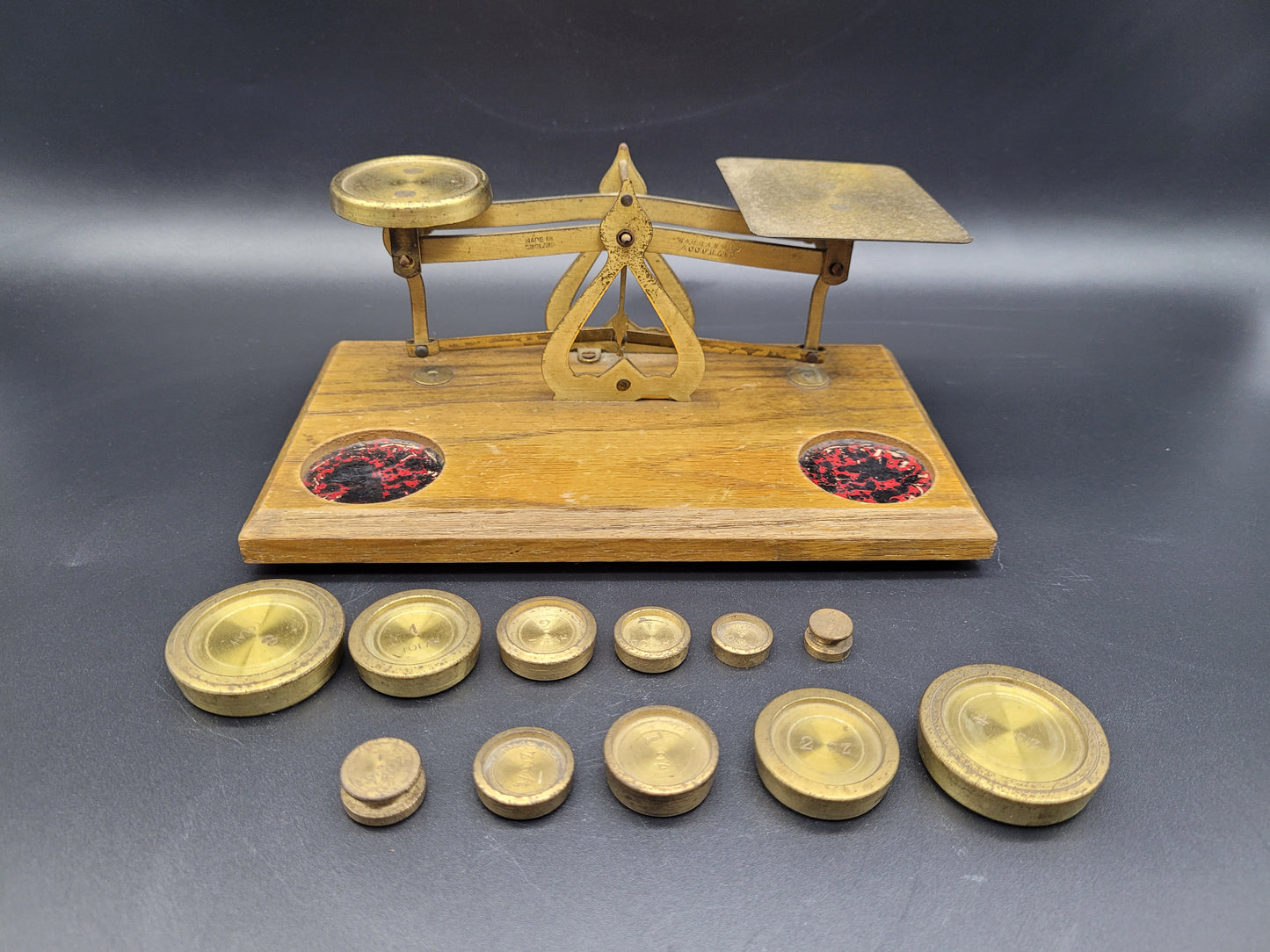 Antique Brass Postal Scales & Weights “Warranted Accurate “ Desk Scales