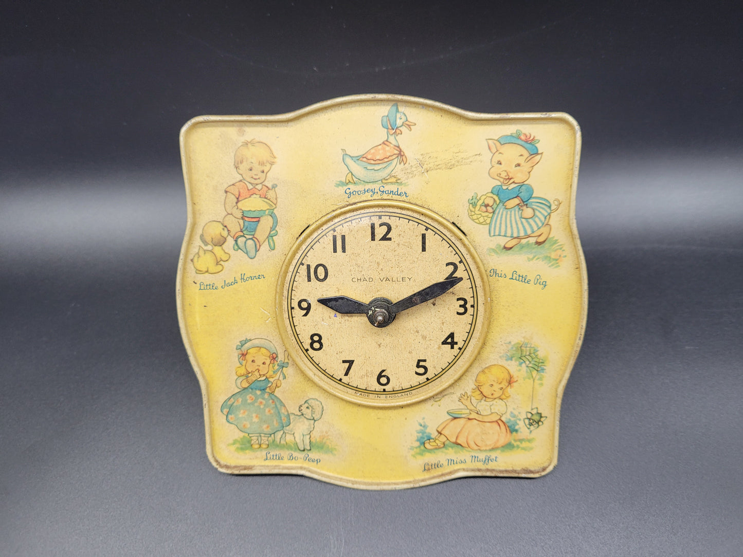 Vintage 1950s child's nursery rhyme clock by Chad Valley