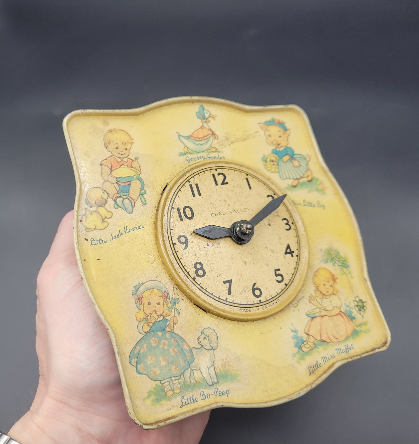 Vintage 1950s child's nursery rhyme clock by Chad Valley