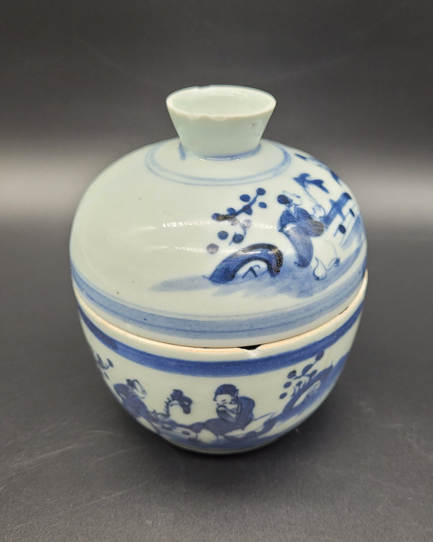 Antique Chinese porcelain lidded jar 19th Century scholars in a landscape