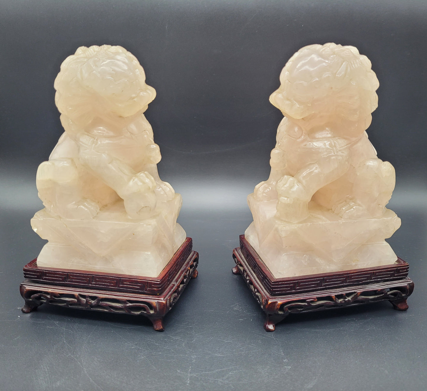 Chinese Antique Foo Dog ROSE QUARTZ Carvings Temple Dogs