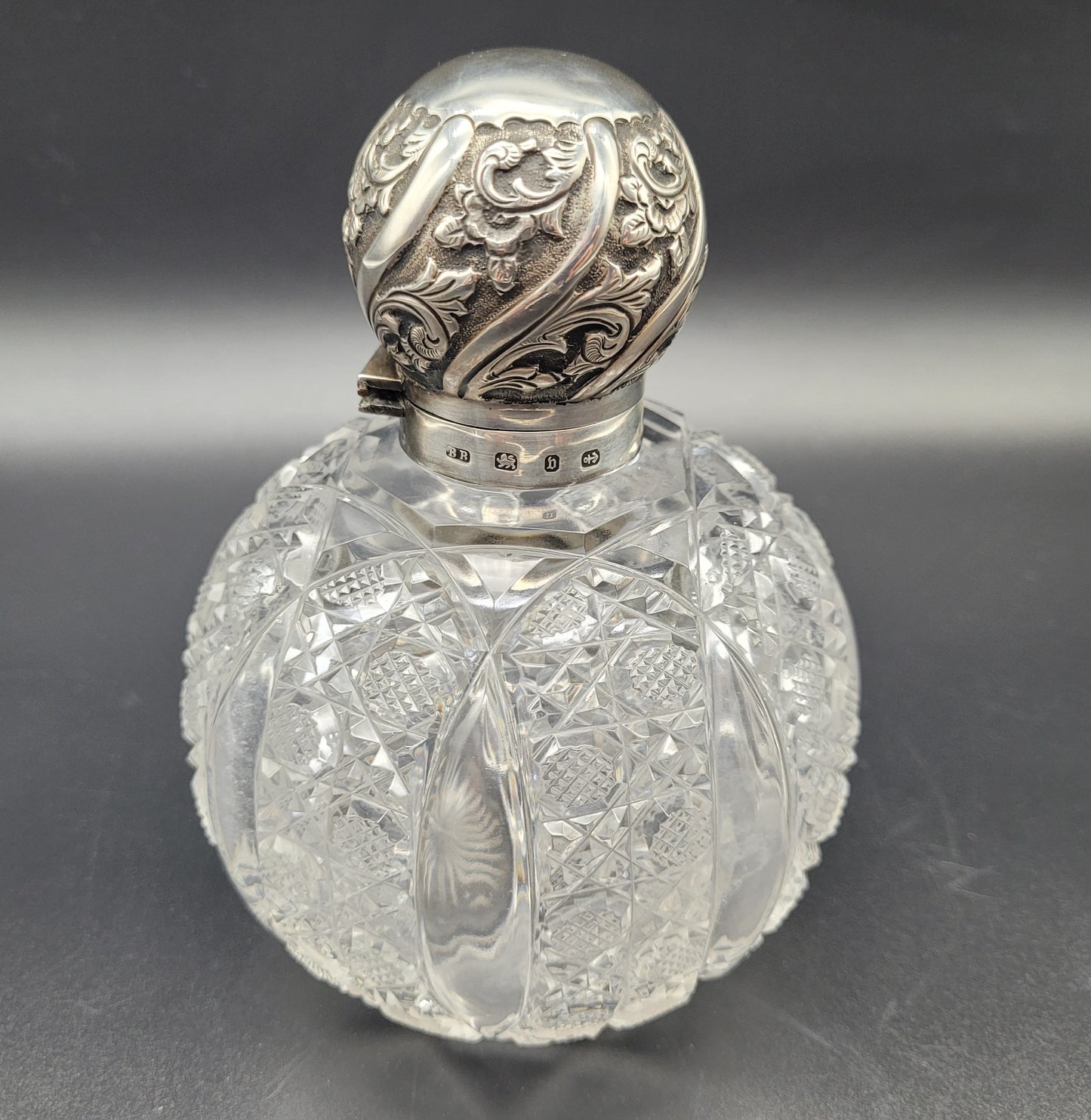 LARGE Antique Sterling Silver Top Scent Perfume Bottle Cut Crystal with Stopper