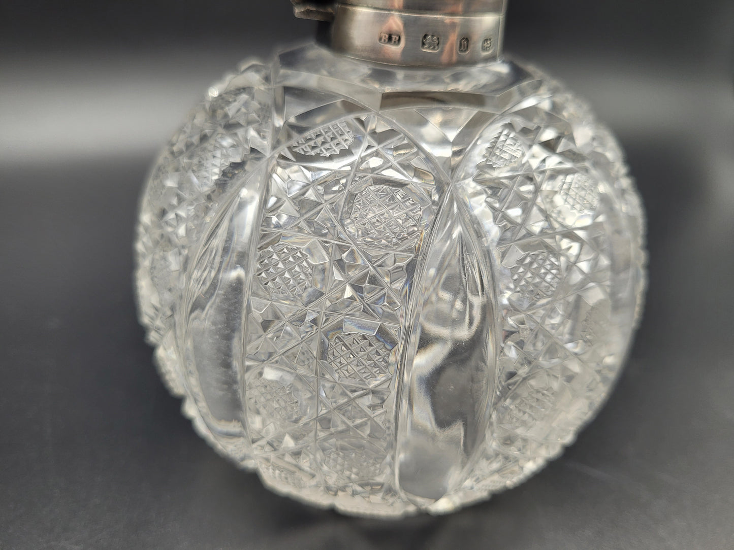 LARGE Antique Sterling Silver Top Scent Perfume Bottle Cut Crystal with Stopper