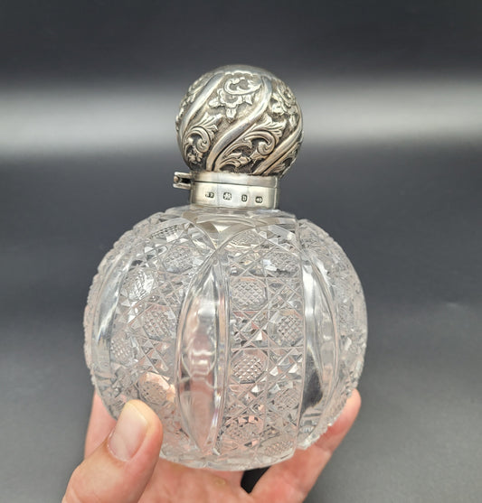 LARGE Antique Sterling Silver Top Scent Perfume Bottle Cut Crystal with Stopper