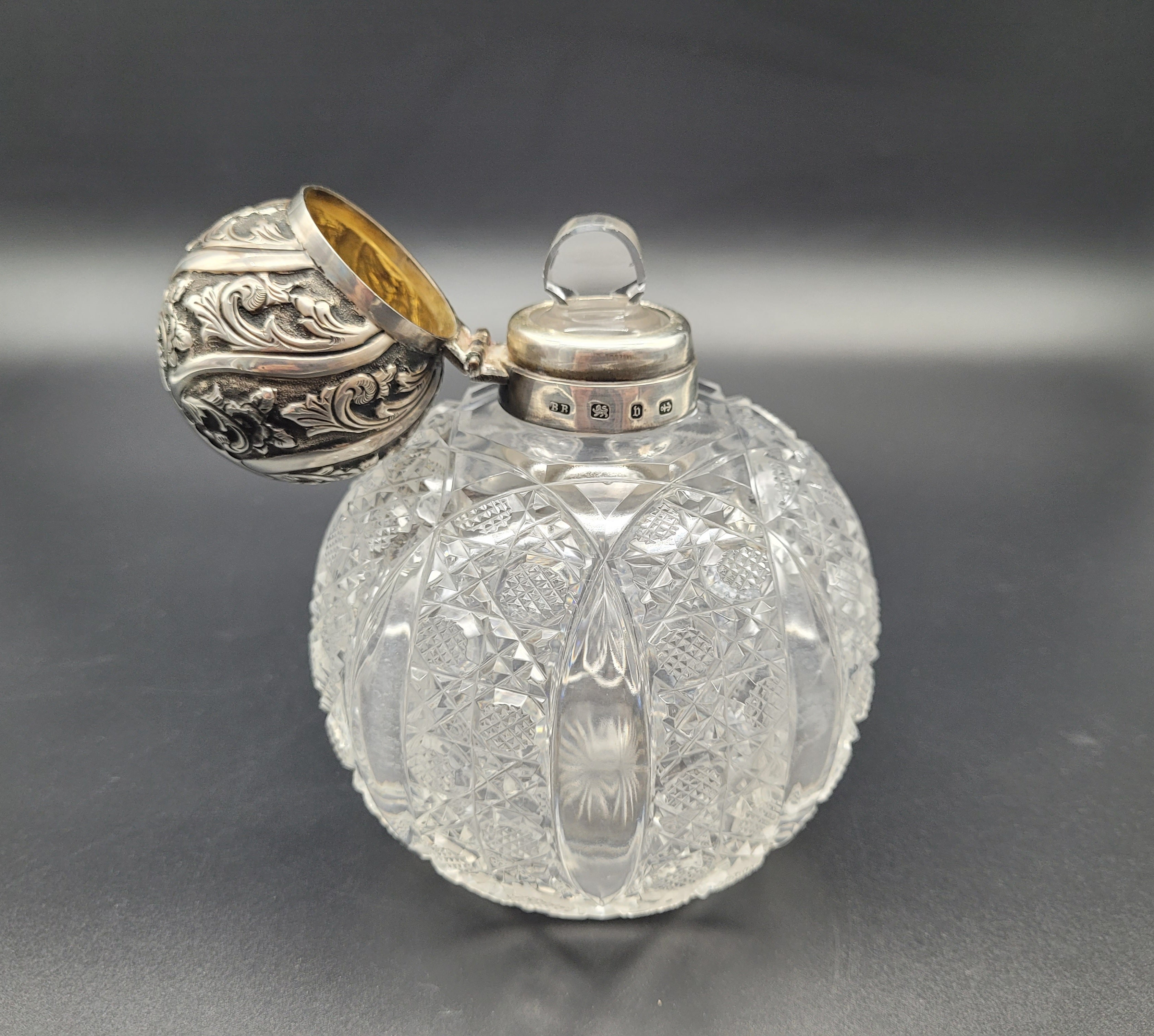 Vintage Crystal Perfume Bottle with Glass hot Stopper and Sterling Silver Top