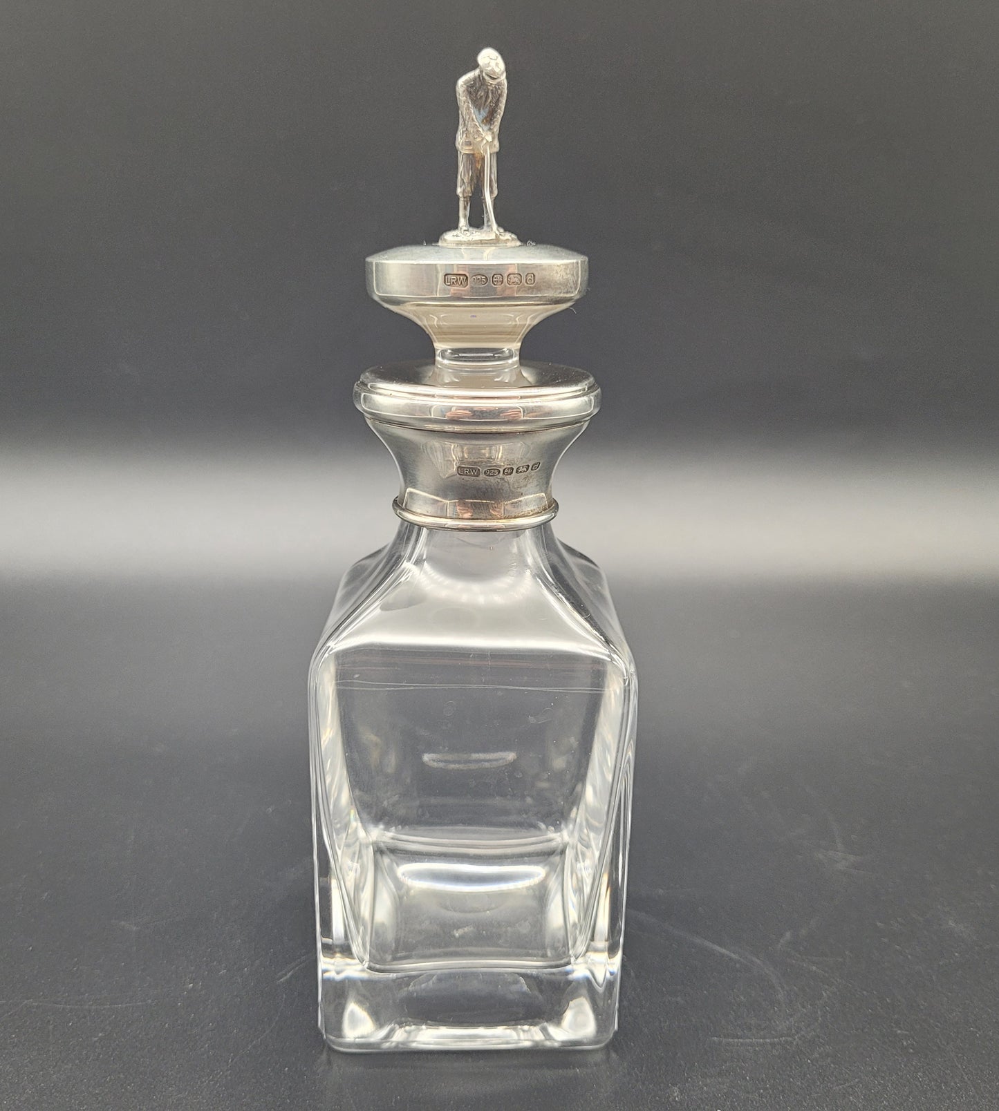 Antique / Vintage Sterling Silver & Crystal Golf Whiskey Decanter Bottle Silver Golfer Stopper