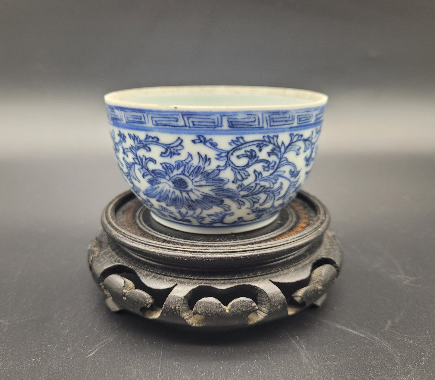 Chinese 18th century Blue & White Bowl with Wooden Stand
