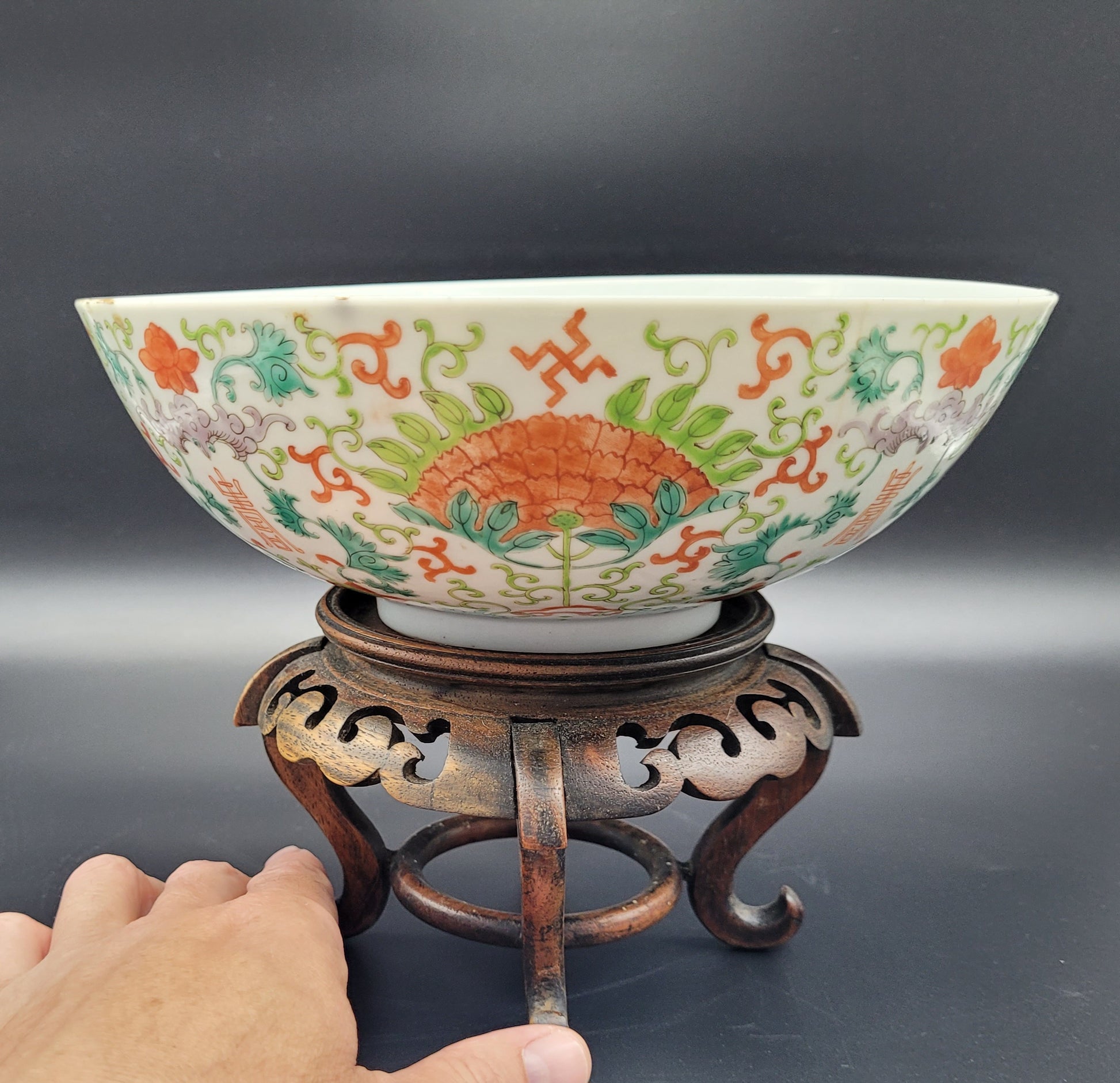 LARGE Chinese Guangxu Bowl and Antique Carved Wooden Stand