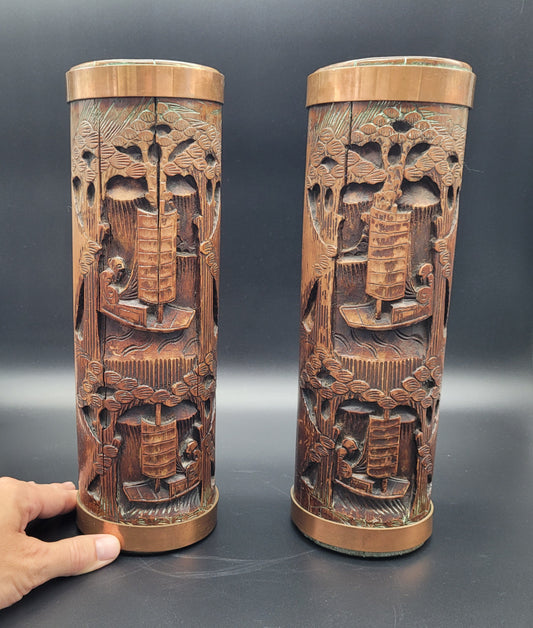 Chinese Qing 19th Century Carved Bamboo Brush Pots