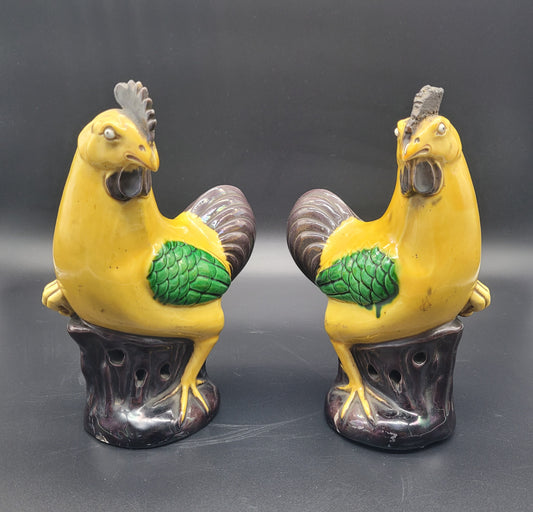 These Rare and Beautiful Chinese Qing pottery figures of two cockerels