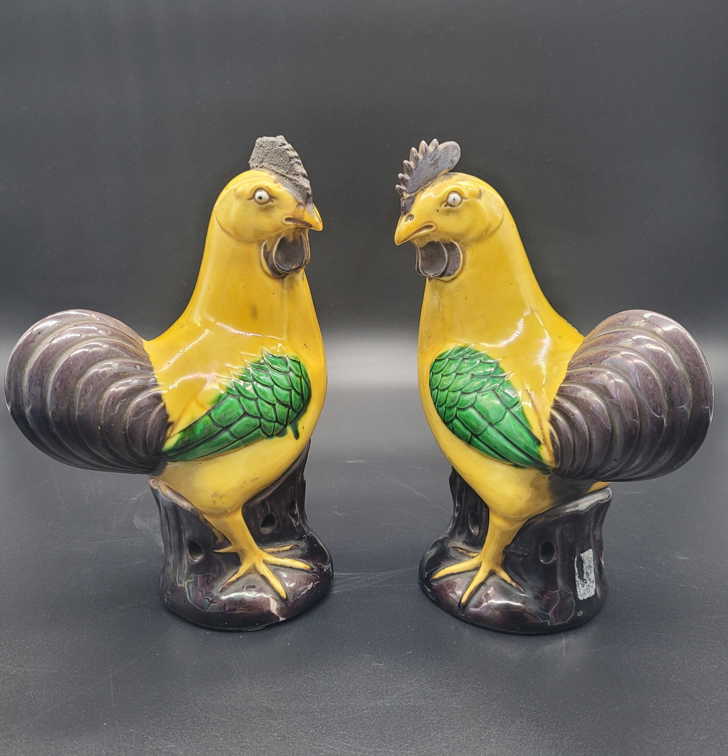 A Pair of Antique Chinese Qing Yellow Glazed Pottery Hens / Cockerels