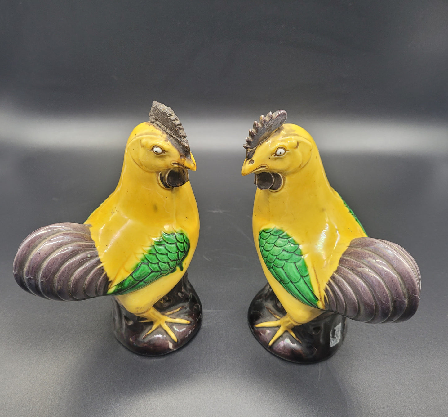 A Pair of Antique Chinese Qing Yellow Glazed Pottery 