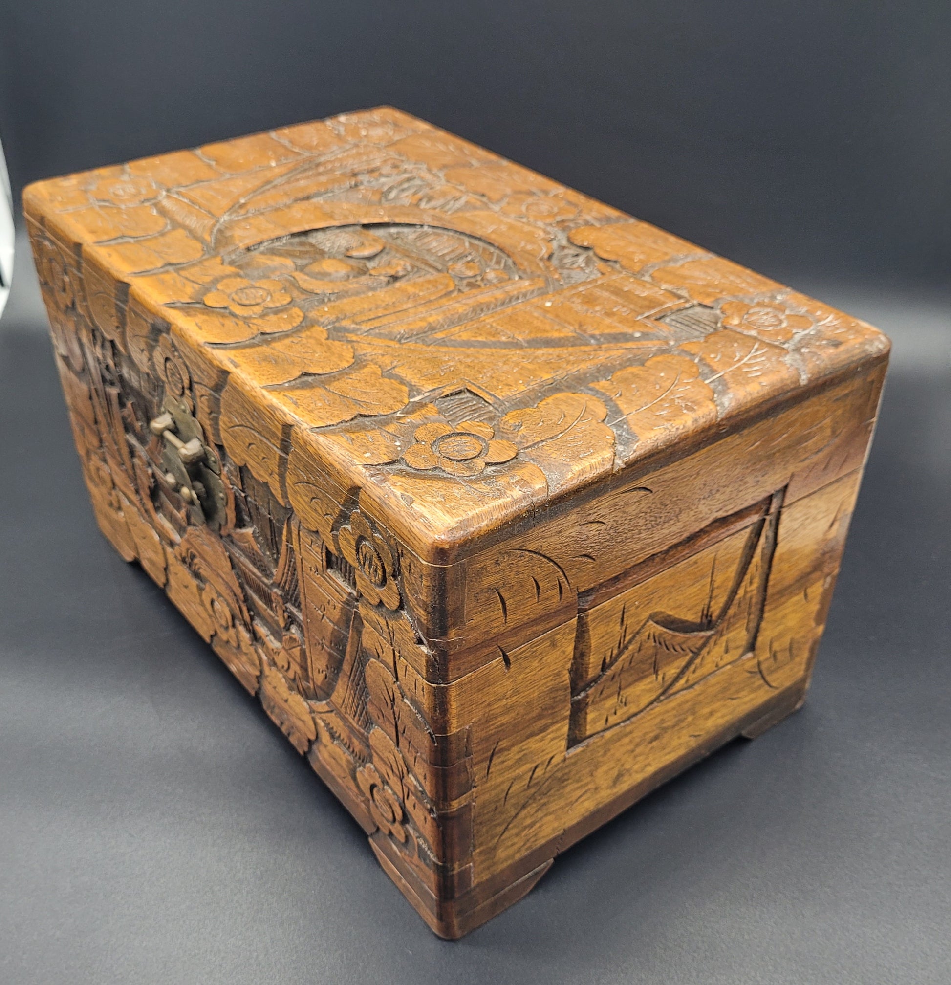 Antique Chinese Carved Wooden Box with brass locks 
