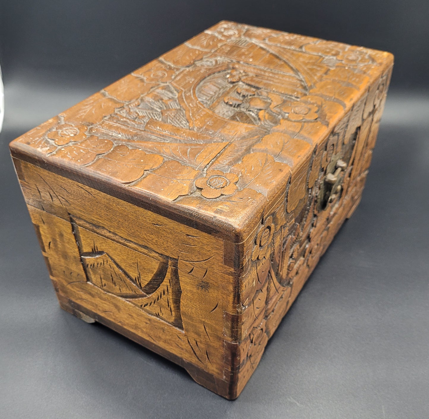 old Chinese Carved Wooden Box at kb antiques 