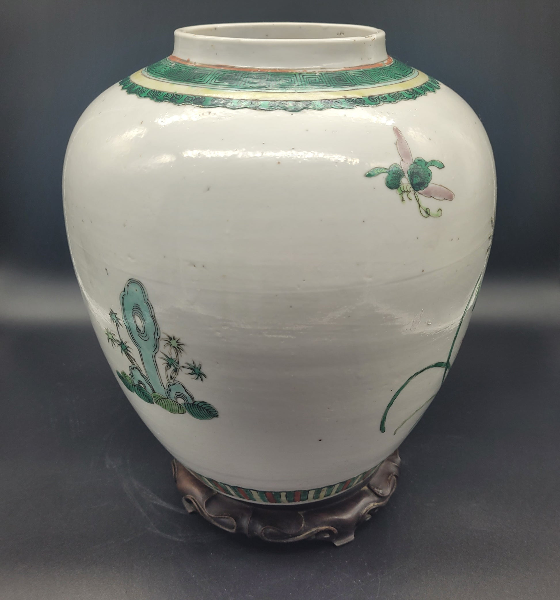 Beautiful LARGE Chinese Famille Vert Ginger Jar & Carved Wooden Stand  antiques online 