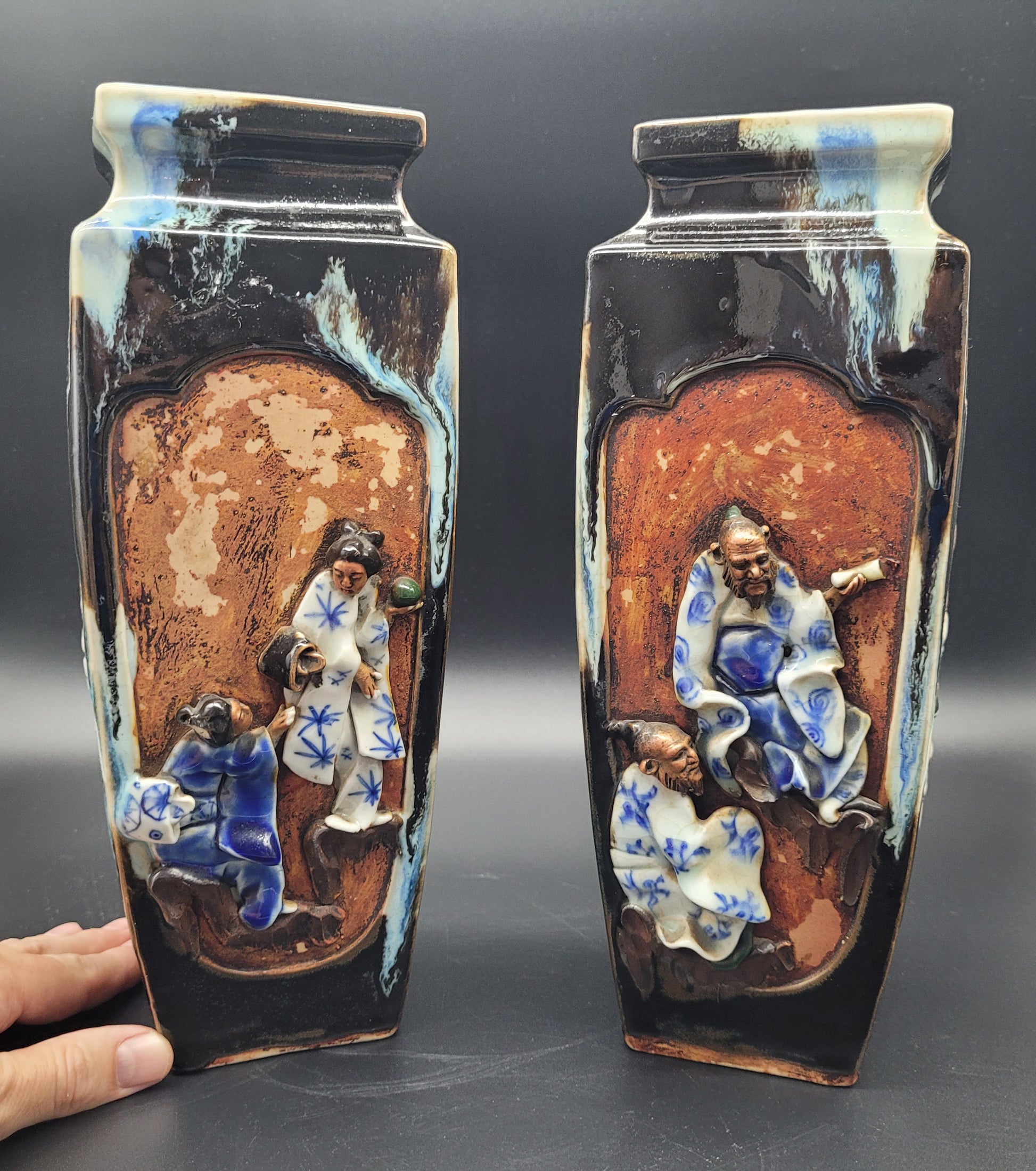 Highly Detailed Japanese Meiji Sumida Gawa Pottery Vases Signed By The Artist for sale at KB antiques 