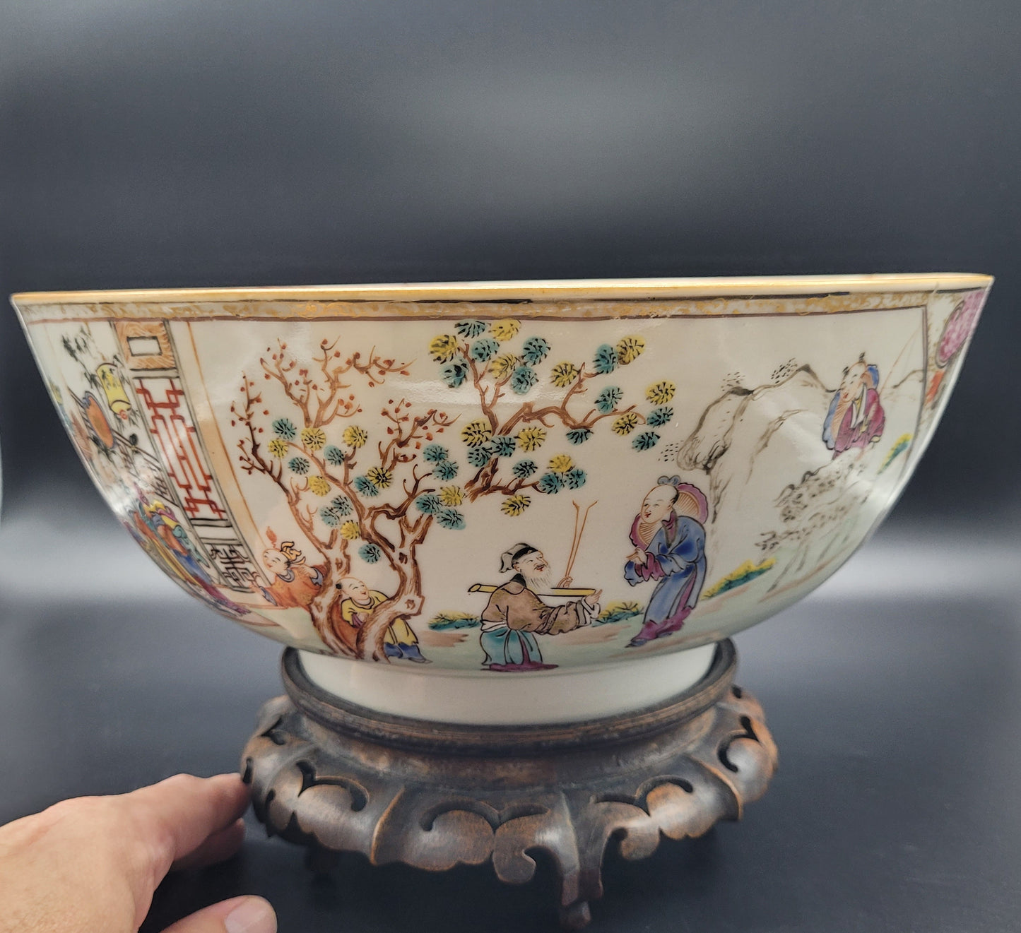 Antique Online Chinese 18th Century Famille Rose Export Punch Bowl On Stand