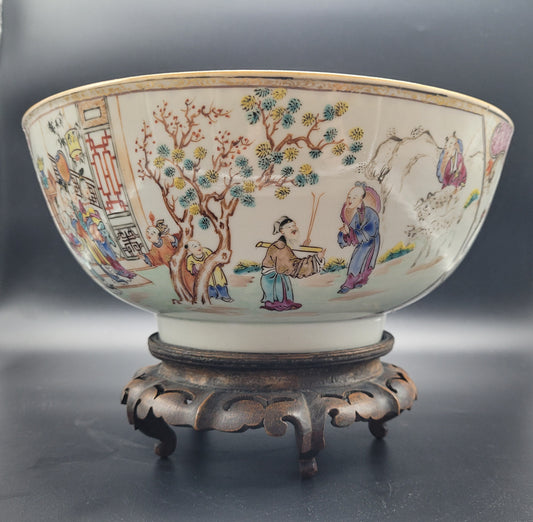 Chinese 18th Century Famille Rose Export Punch Bowl On Stand