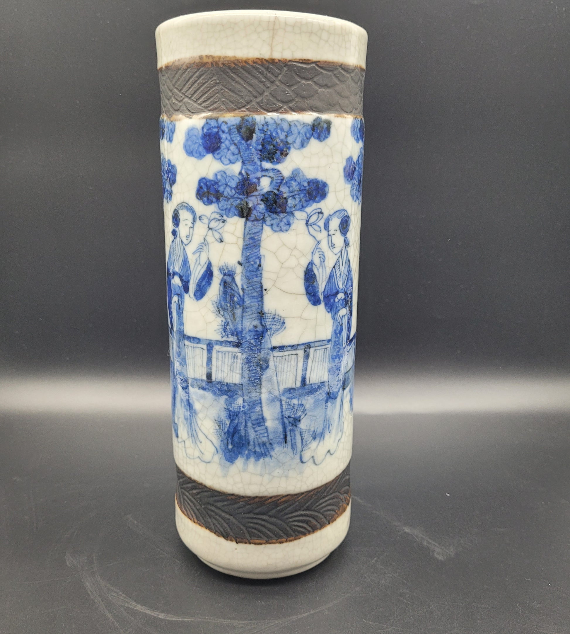 Antiques USA Really Nice Blue & White Crackle Glaze Chinese Nanking Qing Brush Pot / Vase 