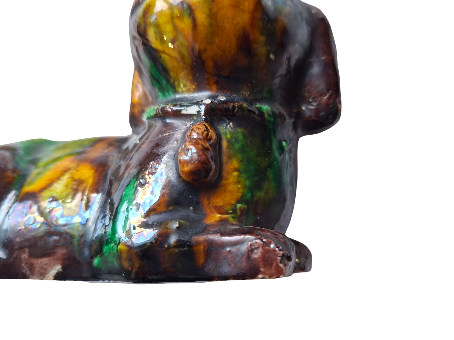 Kangxi Chinese Antique 'egg and spinach'-glazed biscuit porcelain figure of a Dog
