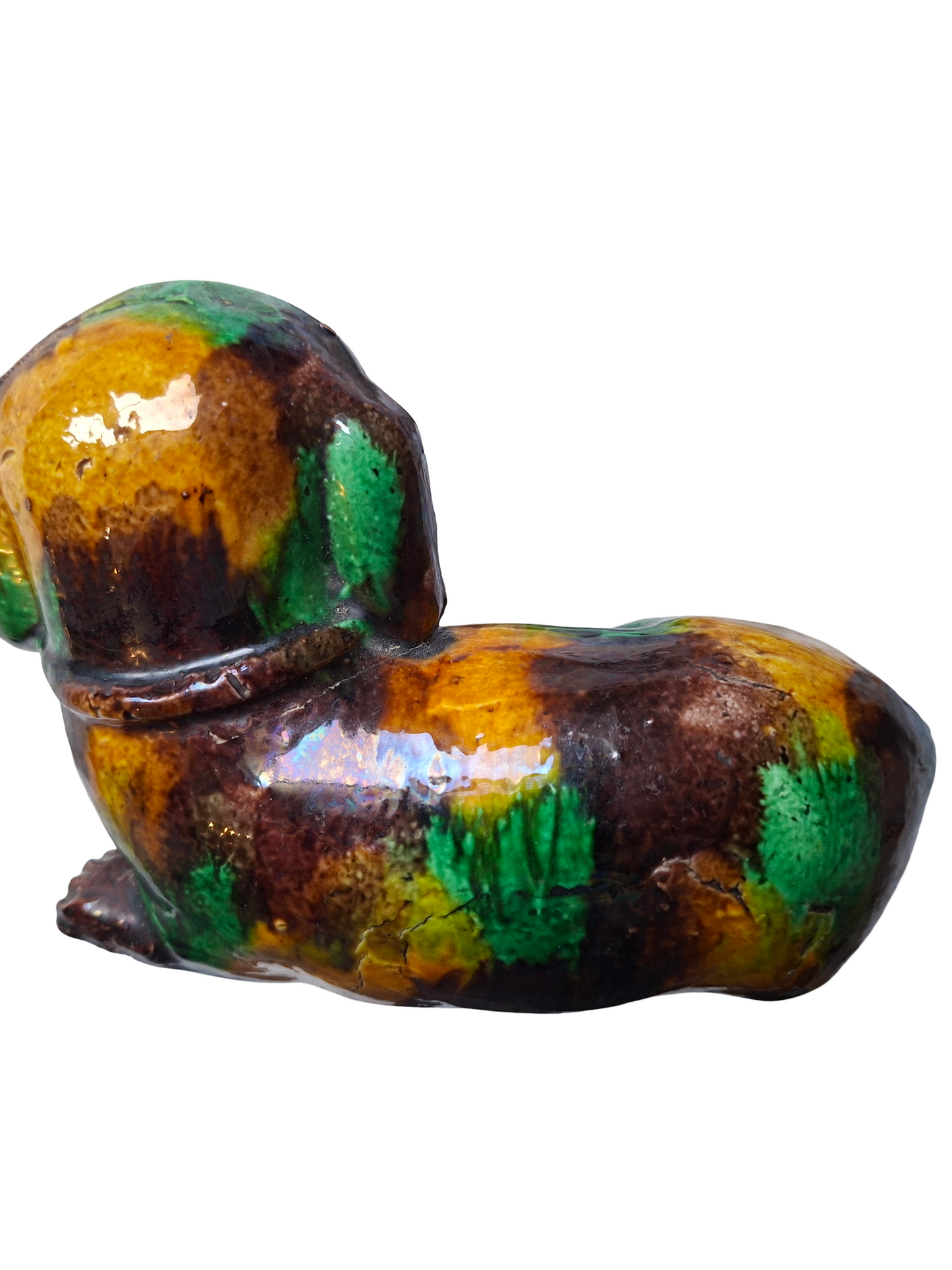Kangxi Chinese Antique 'egg and spinach'-glazed biscuit porcelain figure of a Dog
