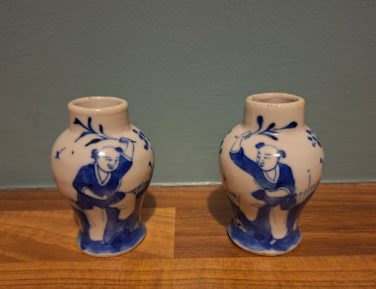 Chinese Miniature Vase Pair 19th Century Blue White Porcelain