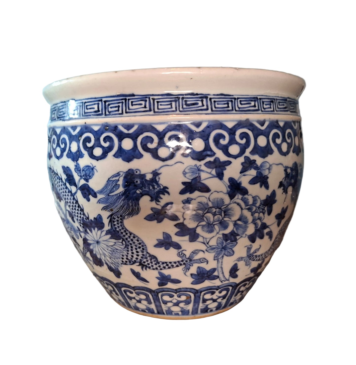 A Chinese blue and white fish bowl with dragon and flower decoration,