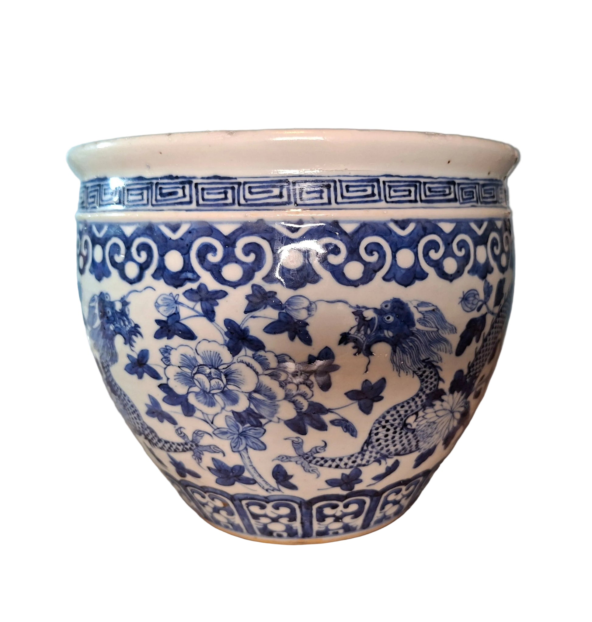 A Chinese late 18th or early 19th century blue and white fish bowl with dragon and flower decoration,