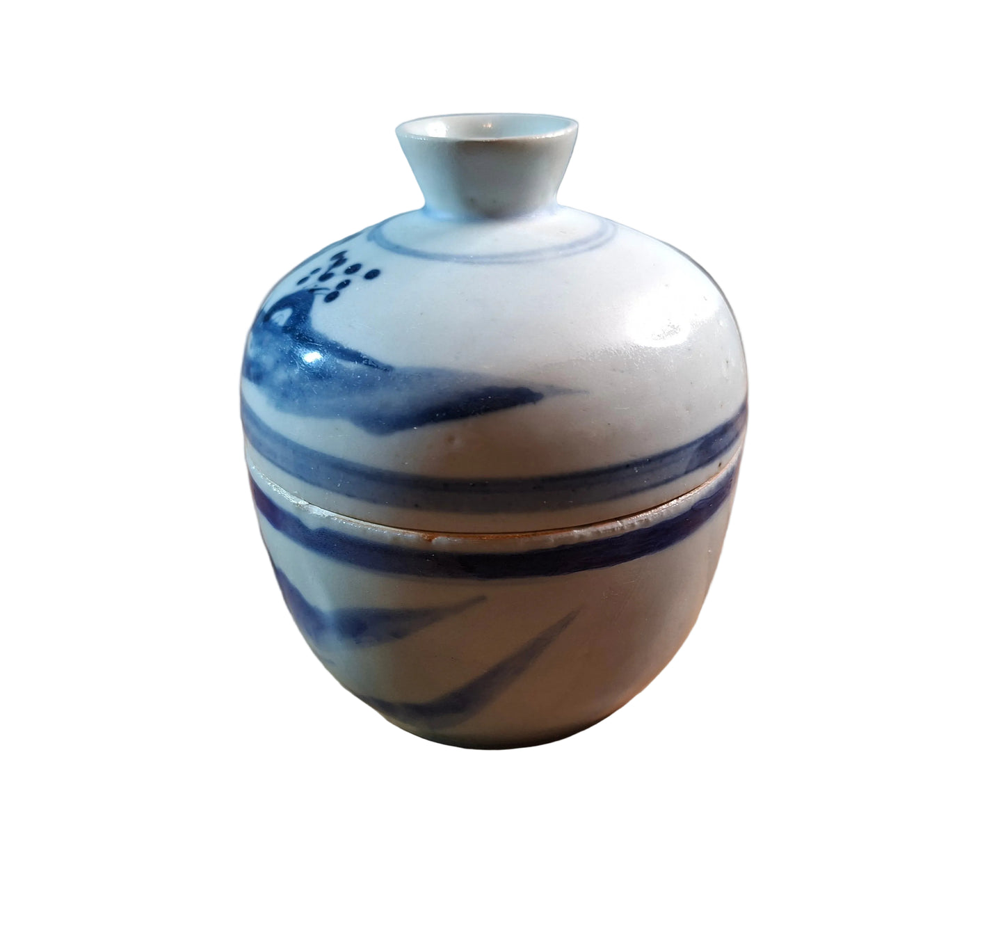 Back of a Chinese blue and white porcelain lidded jar, dating from the 18th/19th century. 