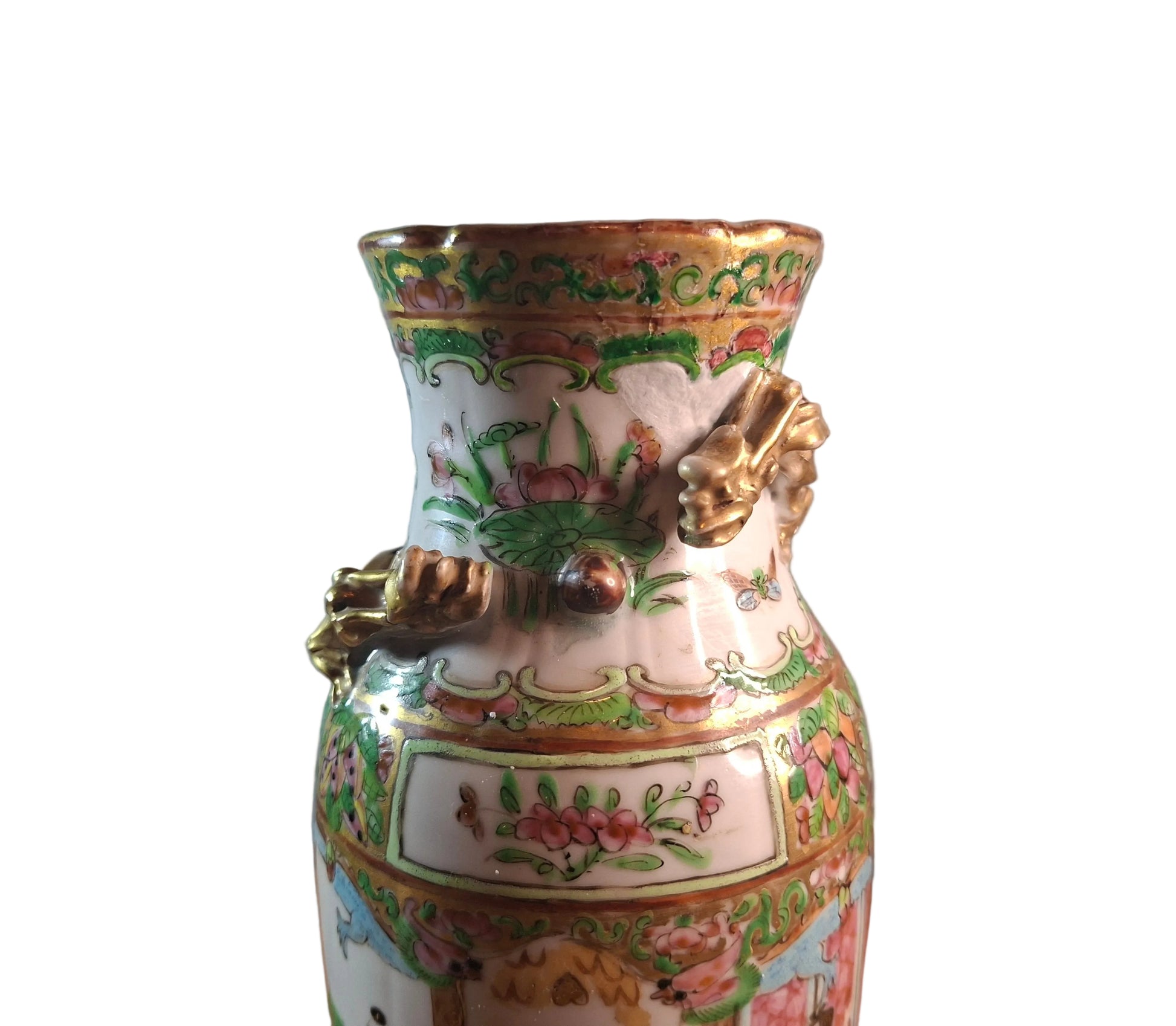 Restoration on a 19th-century Chinese Canton Famille Rose vase.