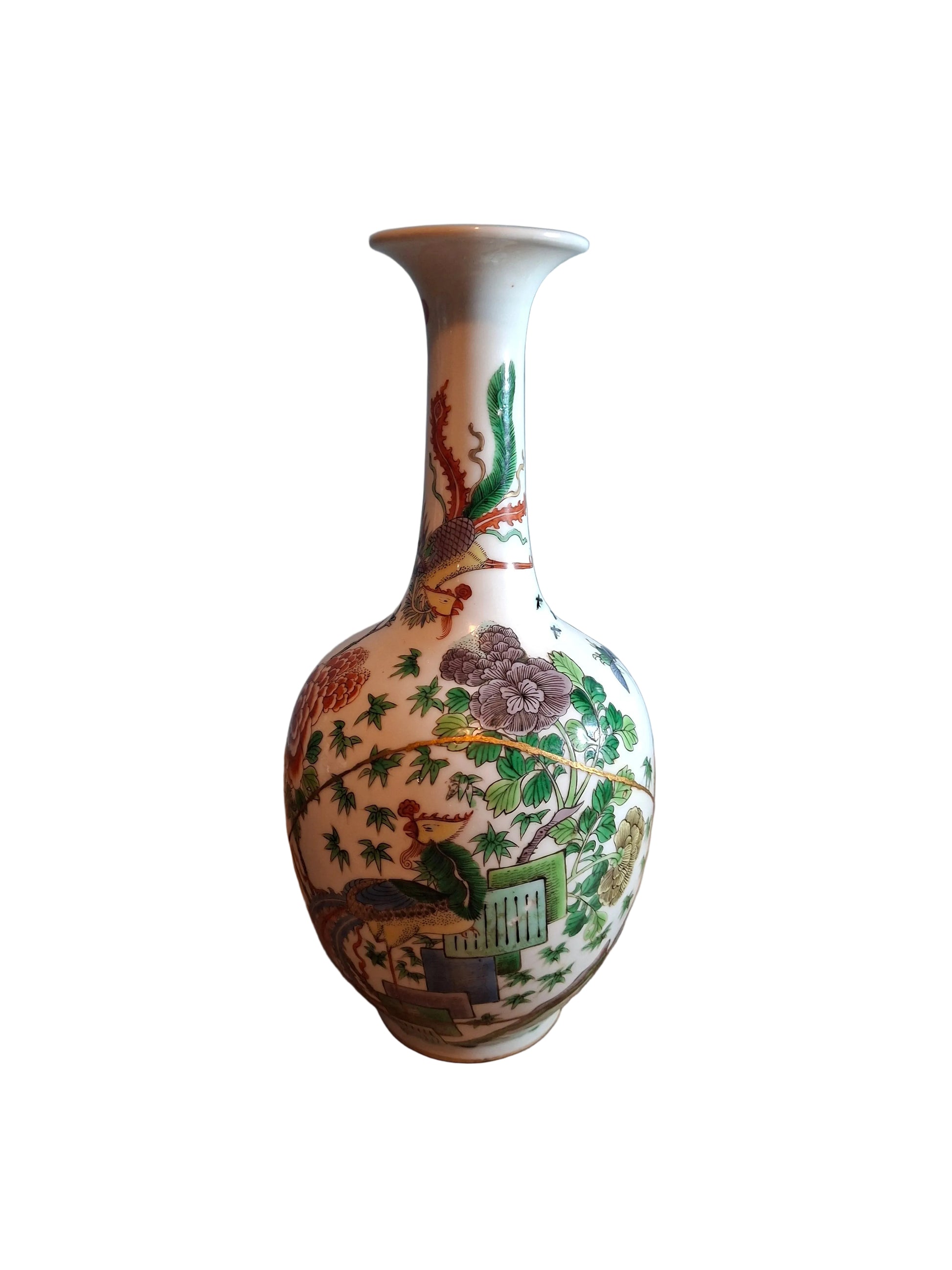 Antique Chinese Porcelain Vase decorated with birds in the famille vert colours